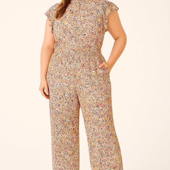 MSK Pants - MSK Pink Multi Floral Ruffle Sleeve Wide Leg Jumpsuit Size XL Elastic Waist